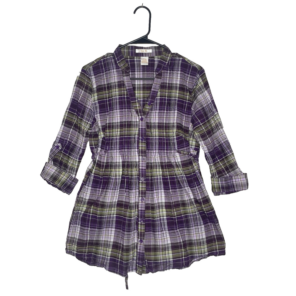 Plaid Button-Up Blouse - Purple and Green